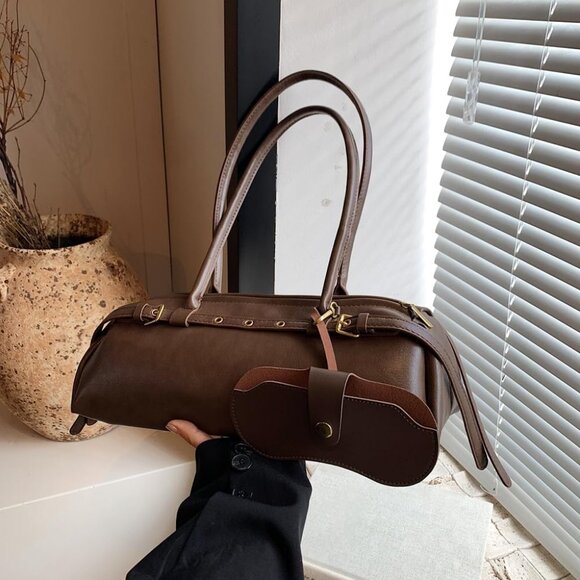 Wome'ns Coffee PU Leather Tote Bag Casual Bowling Bag Purse Retro Underarm - Picture 4 of 9